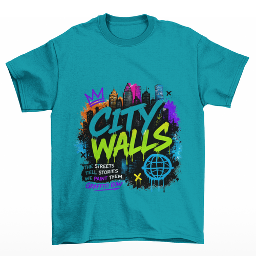 City Walls graffiti skyline Kids Tee | neon street art, urban skate style