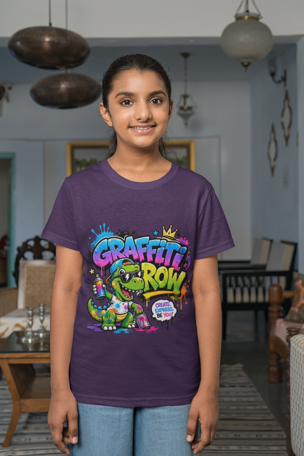 Graffiti Grow Kids T‑Shirt — Colorful Urban Dino Design